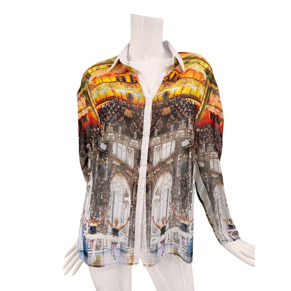 Clover Canyon Graphic Print Collared Button Front Long Sleeve Shirt Multi Size S